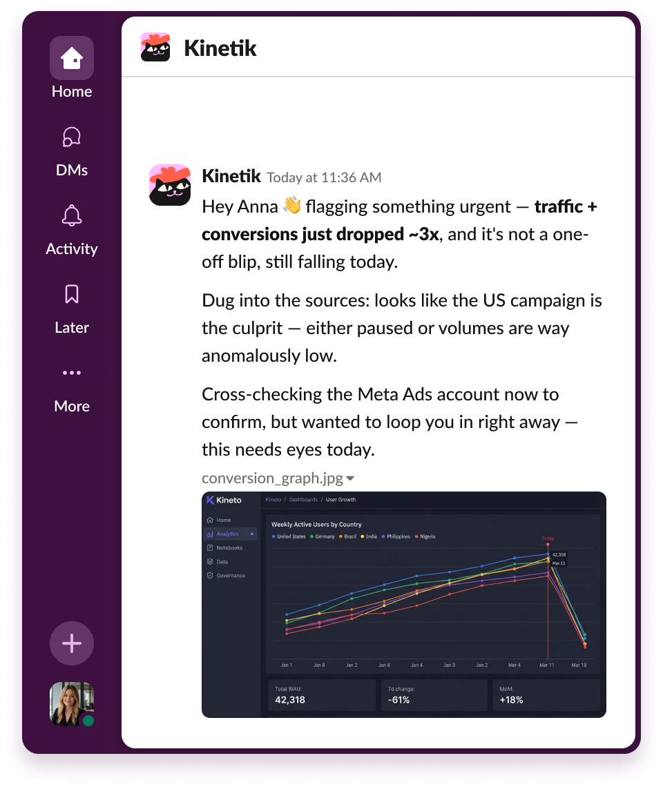 Kinetik flagging a sudden conversion drop with a chart in a Slack DM